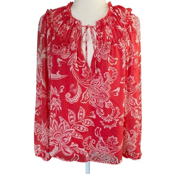 Evereve Hayden Chiffon Gathered Blouse Orange Red M Feminine Whimsical Boho Prep - Picture 1 of 10